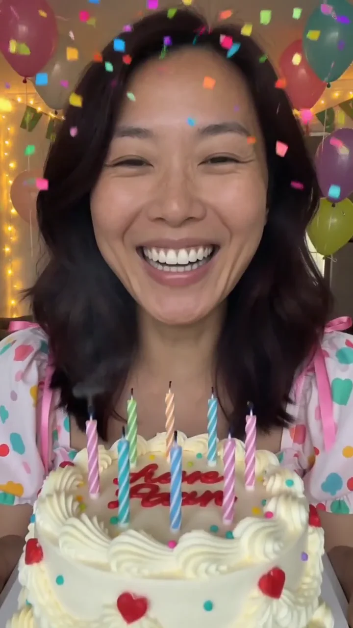 AI generated fictional adult woman with a birthday cake after blowing out the candles, surrounded by balloons and confetti