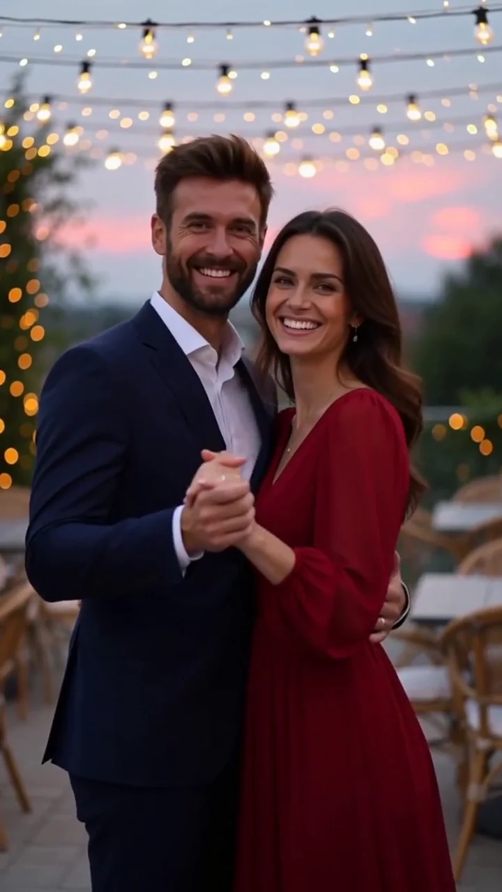 two AI generated fictional adults, a man in a navy suit and a woman in a red dress, slow dancing under fairy lights