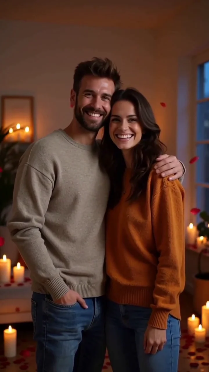 two AI generated fictional adults, a man and a woman smiling together with an arm around a shoulder amid candlelight and floating rose petals