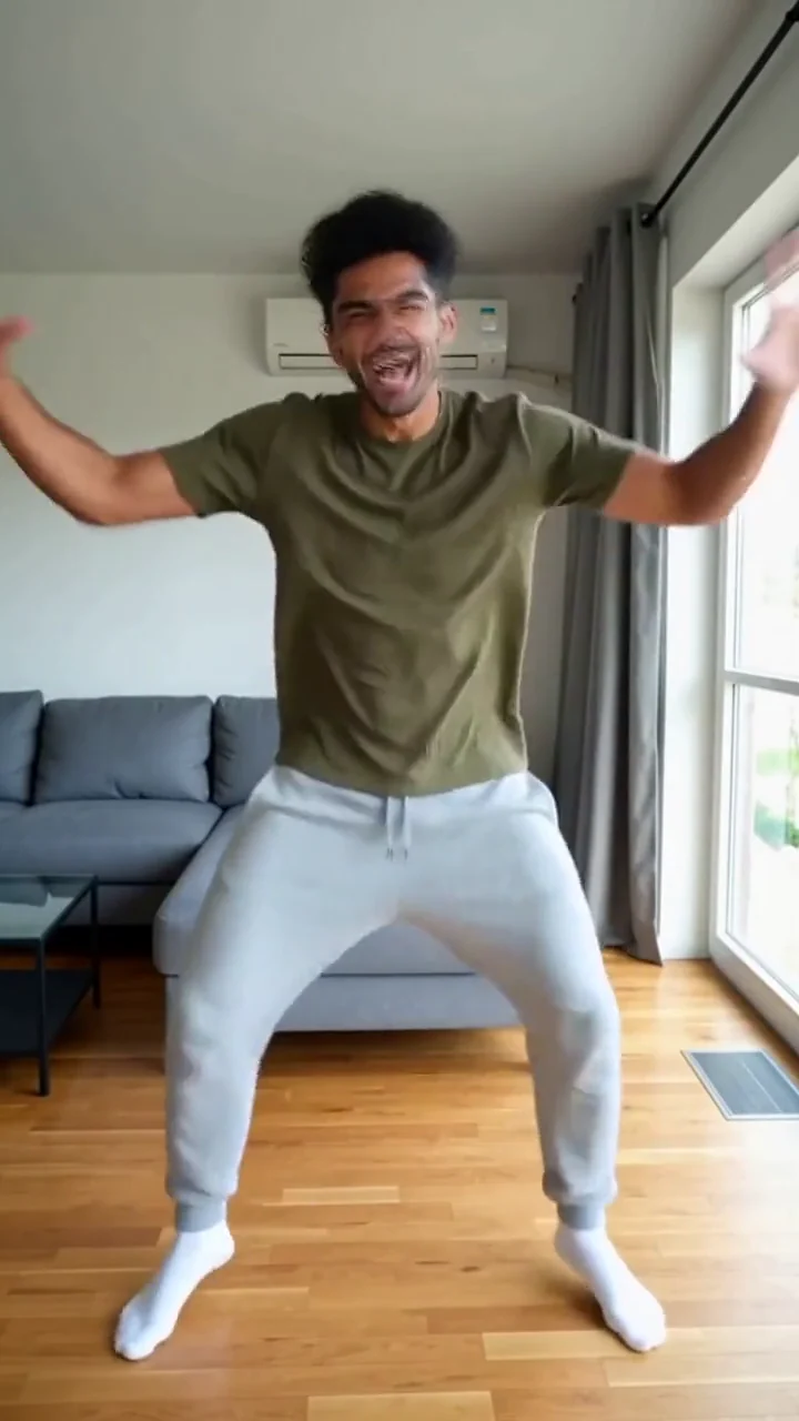AI generated fictional adult man dancing with an AI imagined full body, wide arm movements and energetic steps in a bright living room