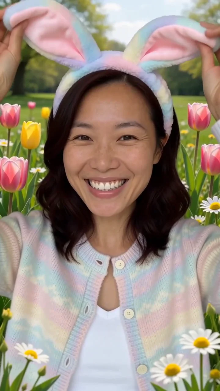 AI generated fictional adult woman wearing a pastel bunny ear headband in a sunny flower garden with butterflies