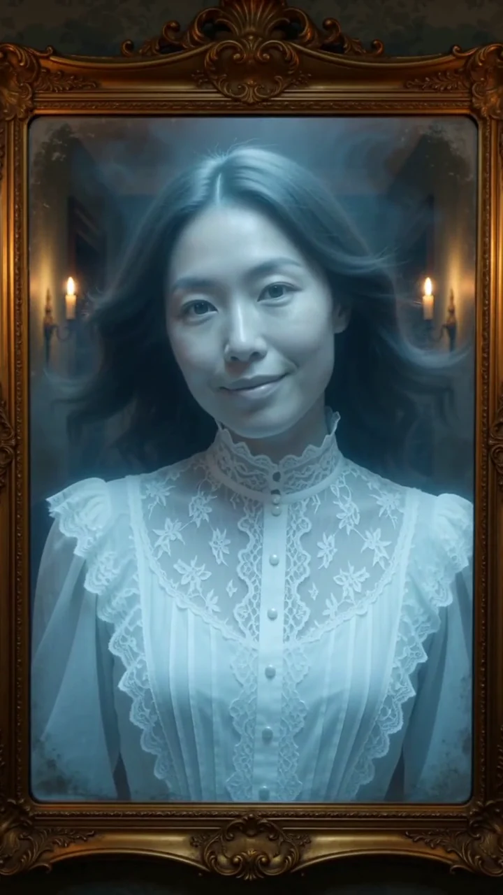 AI generated fictional adult woman as a translucent pale blue ghost in an antique gold mirror, with drifting hair and mist in a candlelit hallway