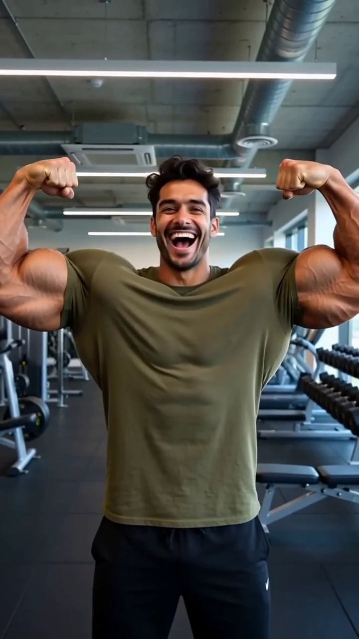 AI generated fictional adult man fully clothed in a gym with exaggerated muscles and a double biceps pose
