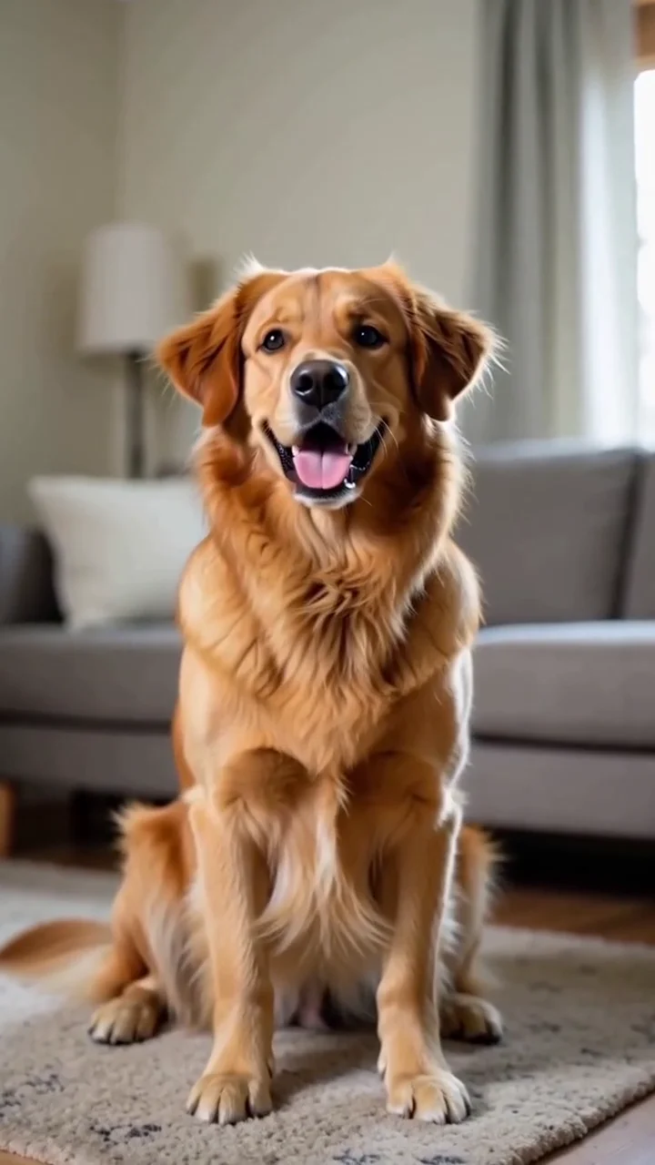 AI generated golden retriever dog with perked ears and a happy open mouth smile in the same room