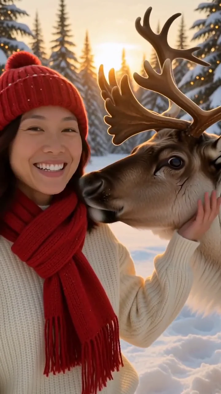 AI generated fictional adult woman in a cream sweater, red scarf and knit hat, smiling beside a brown reindeer in a snowy pine forest