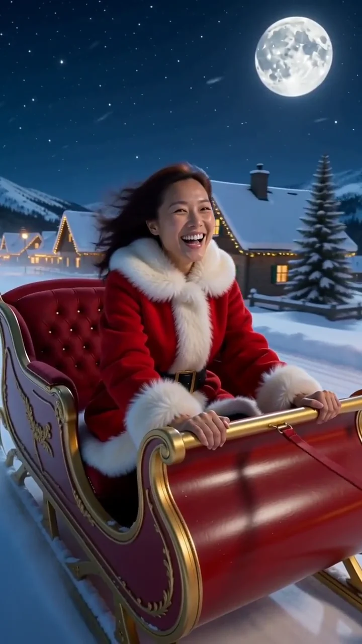 AI generated fictional adult woman in a red winter coat, seated in a red and gold sleigh flying above a snowy village at night
