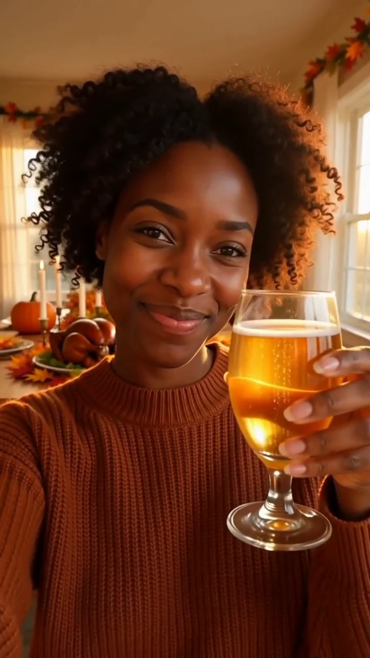 AI generated fictional adult woman raising a glass of cider in a warmly lit Thanksgiving dining room