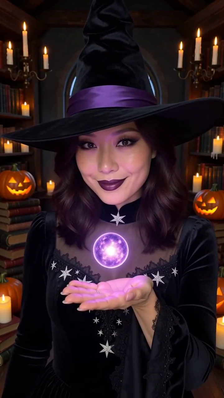 AI generated fictional adult woman in a black velvet witch outfit and pointed hat, holding a glowing violet orb in a candlelit library
