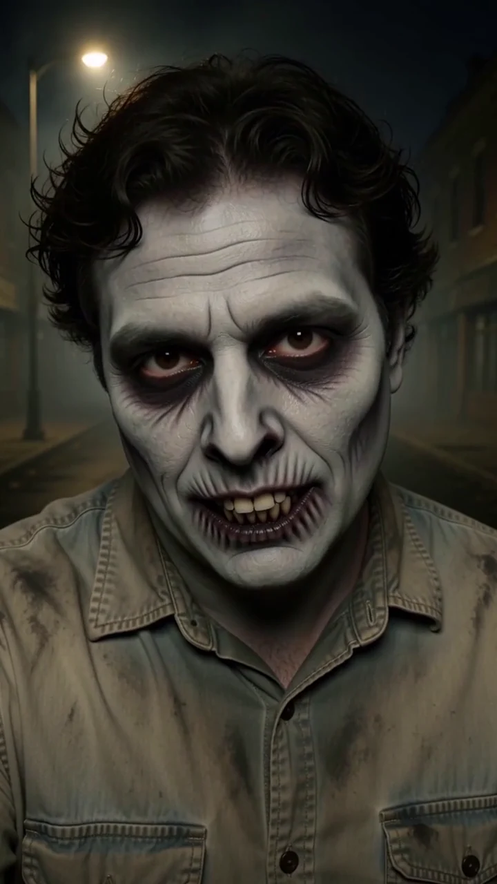 AI generated fictional adult man with grey zombie makeup, dark eye circles, exaggerated teeth and skull mouth makeup on a foggy street at night