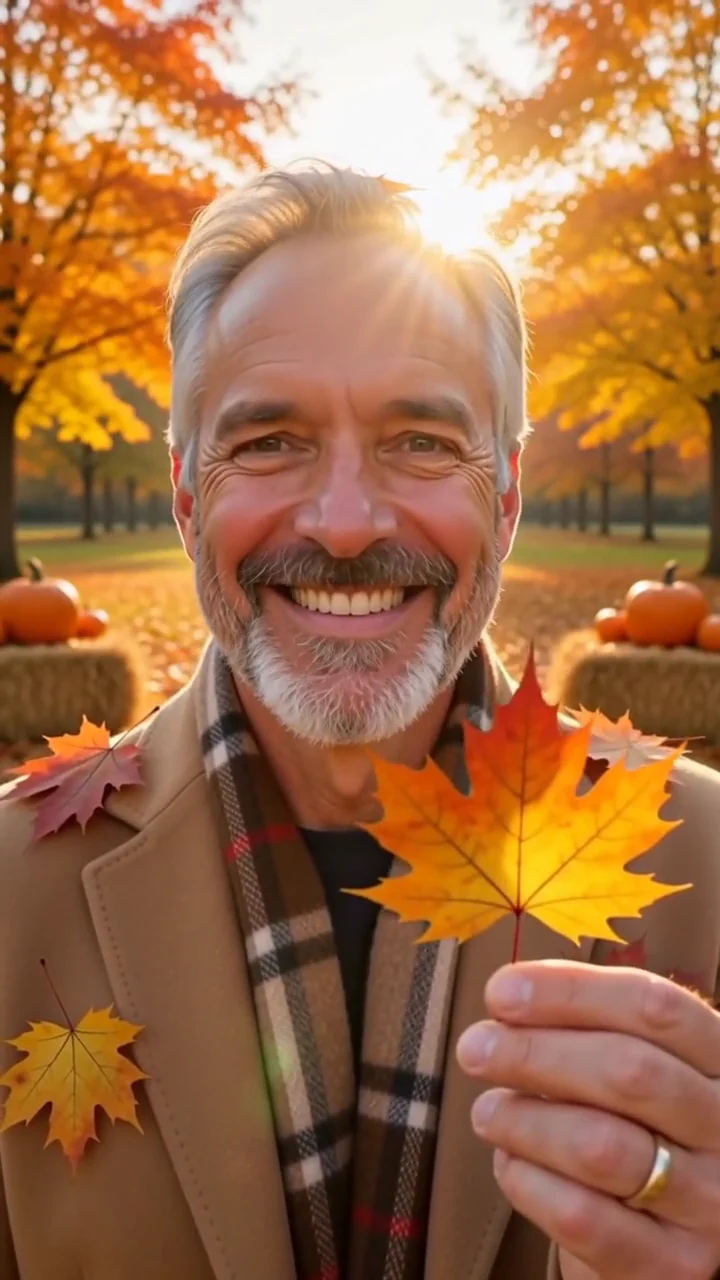AI generated fictional adult man in a camel coat and plaid scarf with golden leaves falling in an autumn park