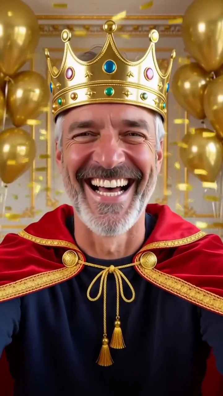 AI generated fictional adult man wearing a gold crown and red velvet cape in a hall of gold balloons