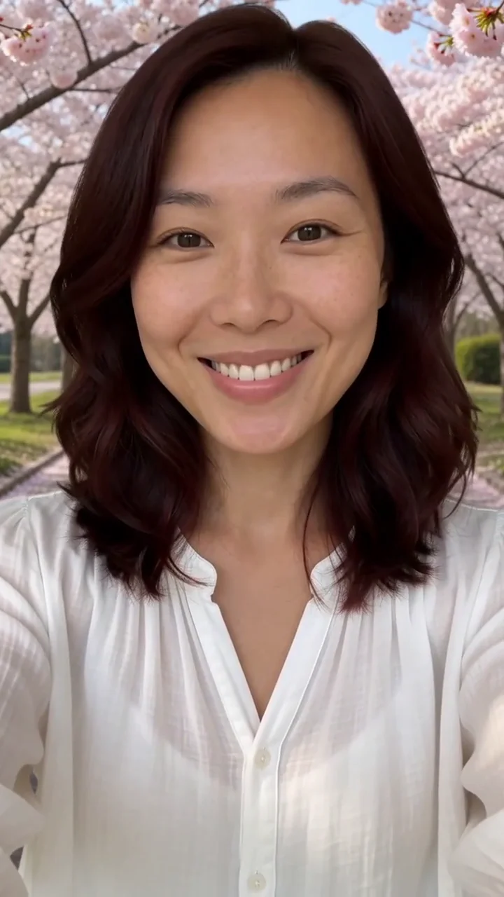 AI generated fictional adult woman in a white spring top beneath blooming cherry trees and falling pink petals