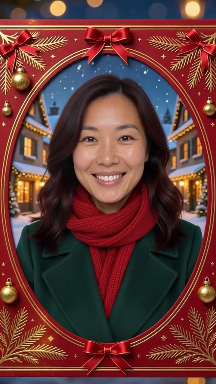 AI generated adult woman in a dark green coat and red scarf, framed by a red and gold Christmas card with a snowy village behind her