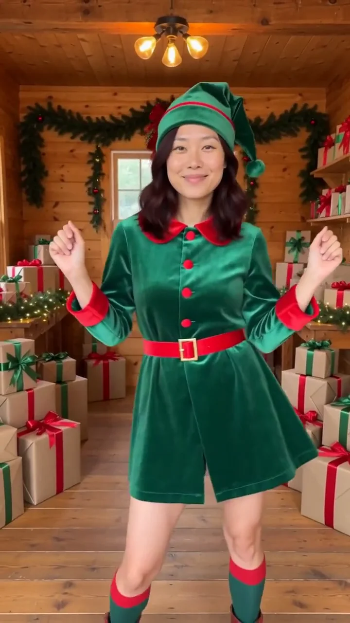 AI generated adult woman in a green holiday tunic and pointed hat, performing a short dance with realistic adult proportions in a wooden gift workshop