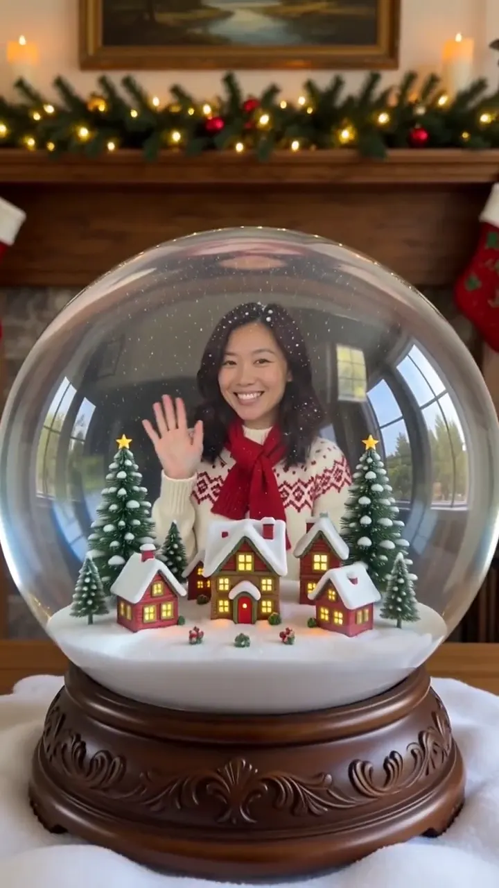 AI generated adult woman in a knitted sweater and red scarf waving in falling snow, then revealed inside a glass snow globe with a tiny village on a fireplace mantel