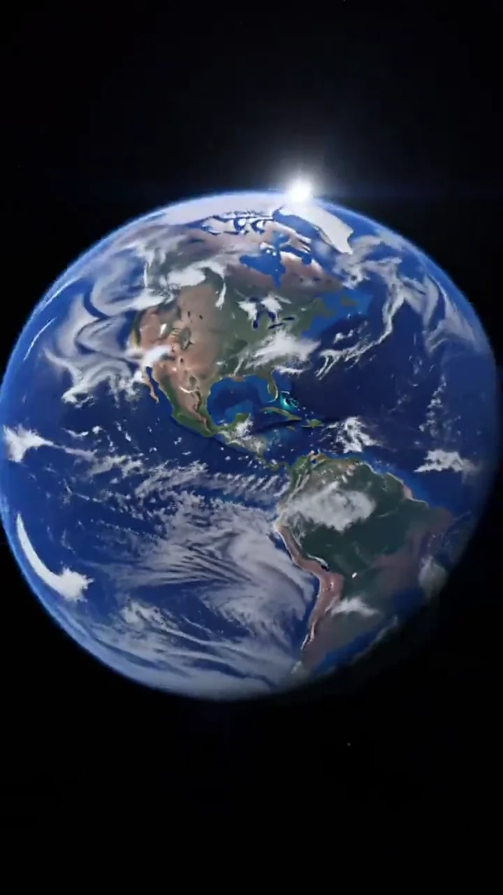 AI generated fictional adult woman at the start of an aerial zoom out that ends with the blue planet Earth and clouds against space