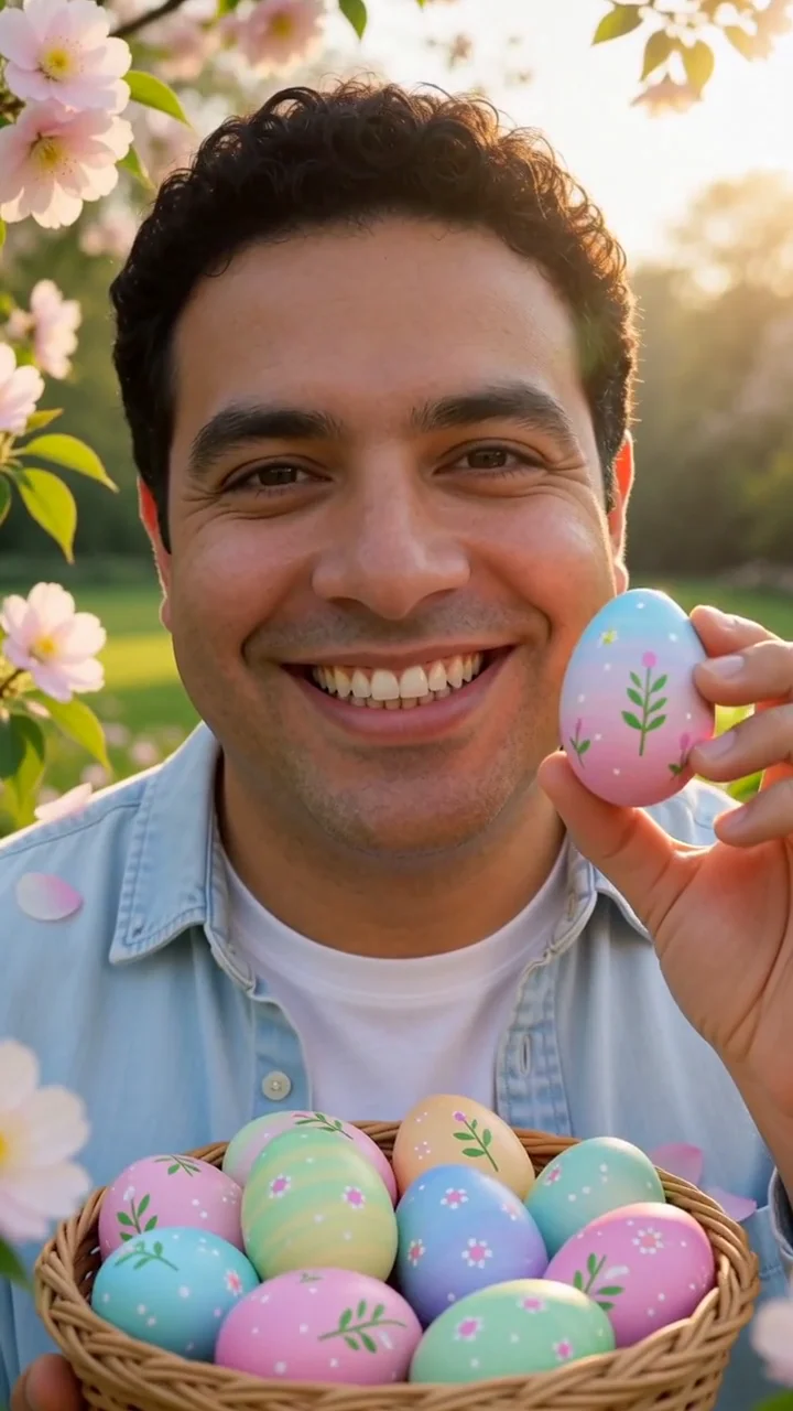 AI generated fictional adult man holding a painted egg above a woven Easter basket in a blooming spring garden