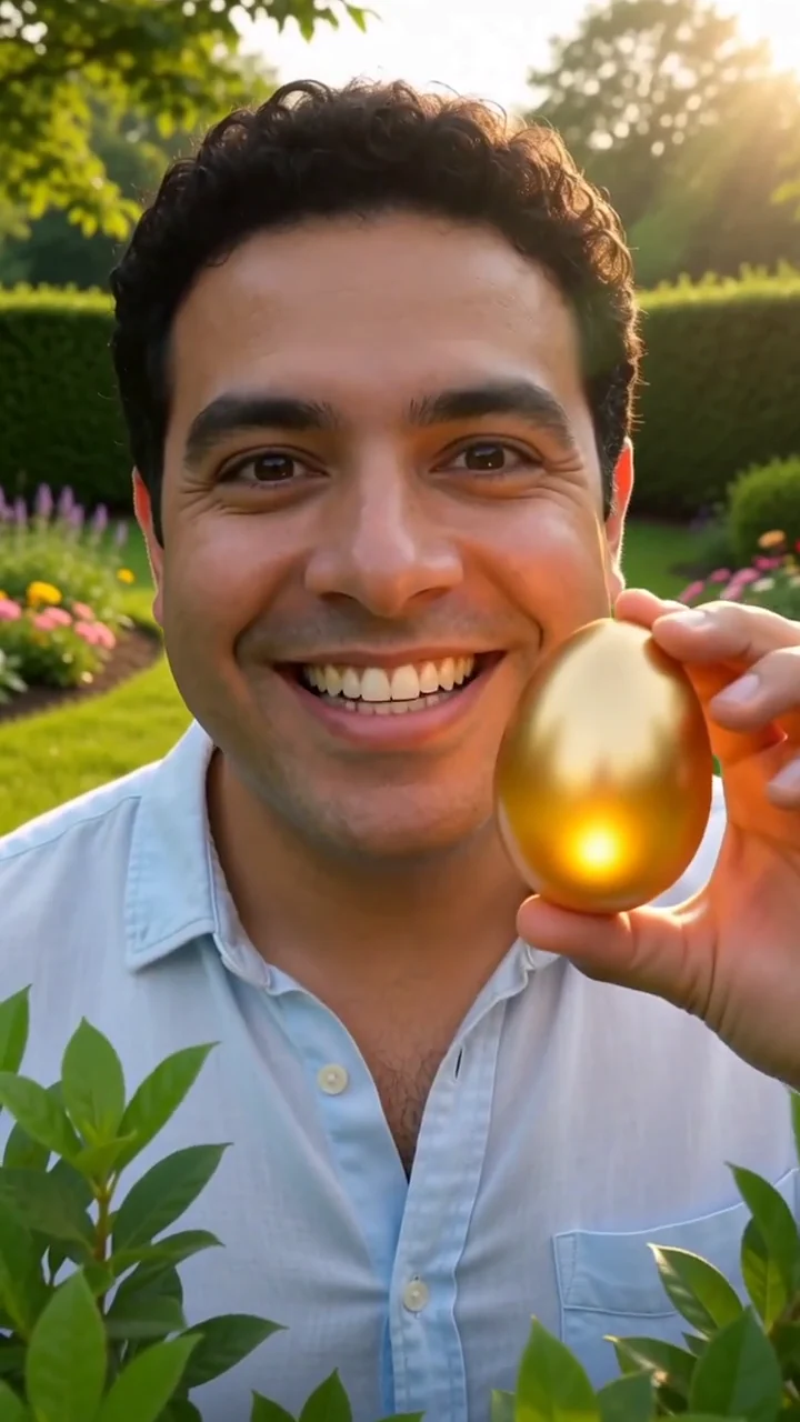 AI generated fictional adult man holding up a glowing golden egg in a spring garden