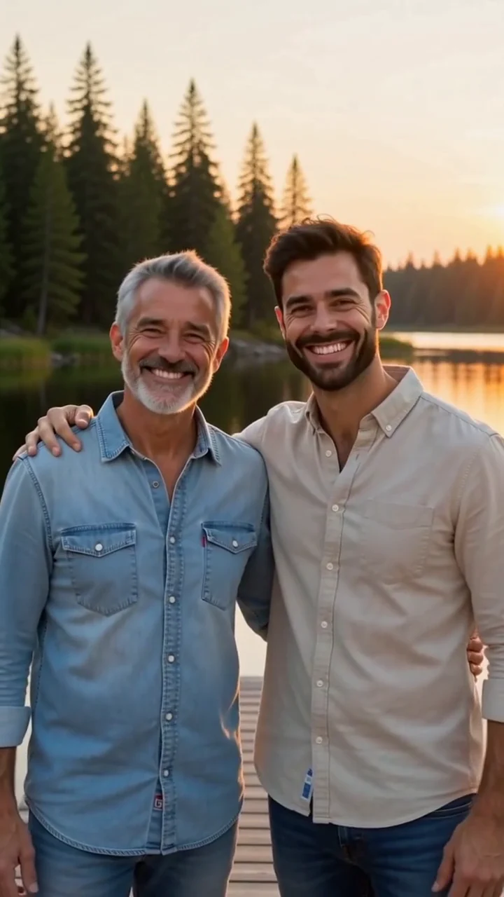 two AI generated fictional adult men, a father and his grown son, laughing on a lakeside dock