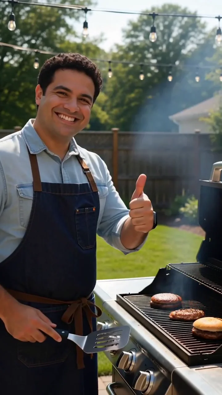 AI generated fictional adult man in a grilling apron beside a backyard barbecue with a spatula