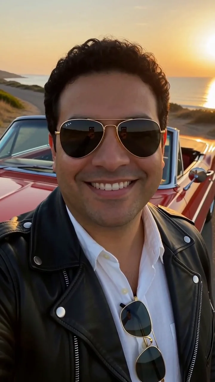 AI generated fictional adult man wearing a leather jacket and sunglasses beside a red vintage convertible on a coastal road