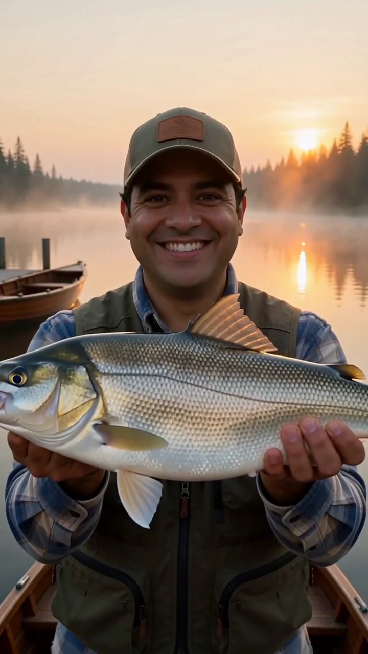 AI generated fictional adult man in a fishing vest holding a large fish at a misty lake at sunrise
