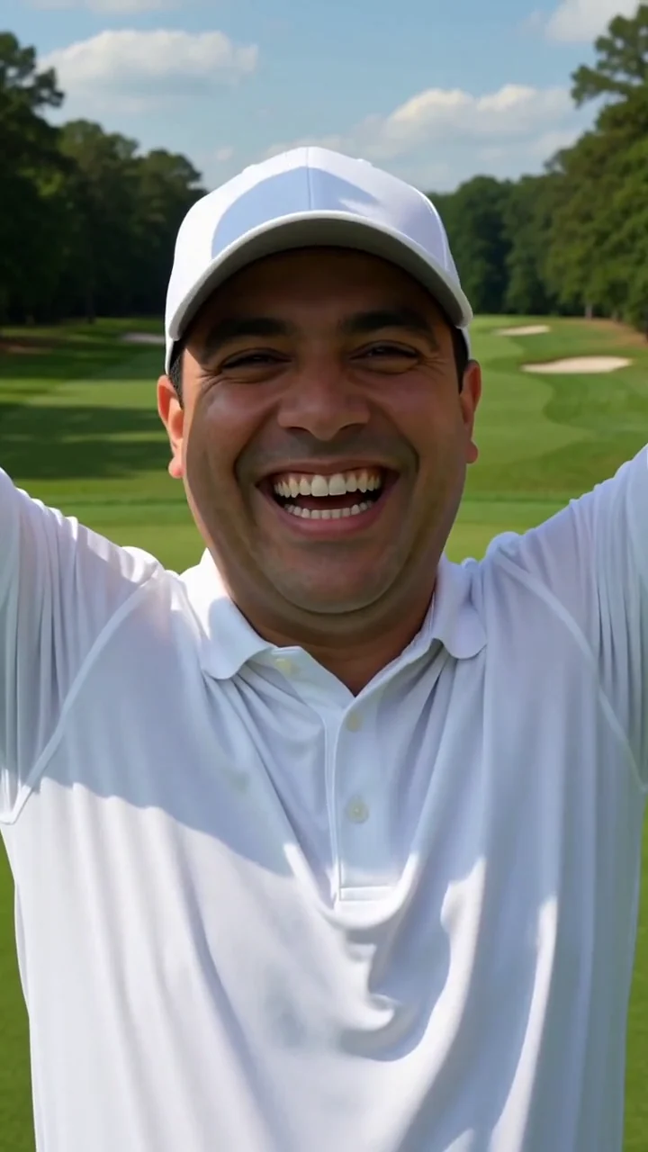 AI generated fictional adult man in a white polo and cap celebrating on a golf course