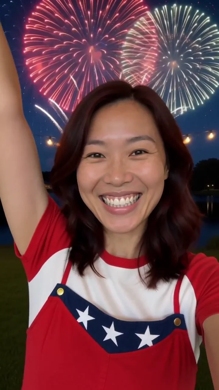 AI generated fictional adult woman celebrating beside a lake with red, white and blue fireworks in the night sky