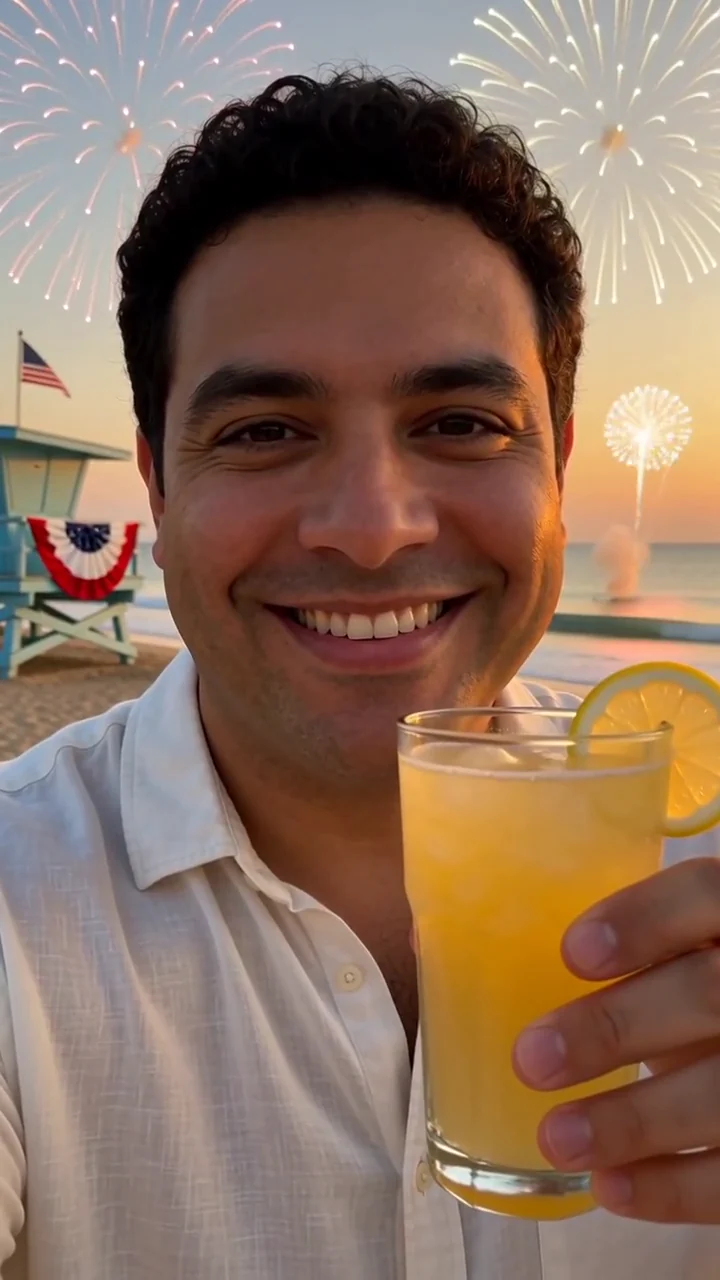 AI generated fictional adult man raising a glass of lemonade on a beach at sunset with fireworks