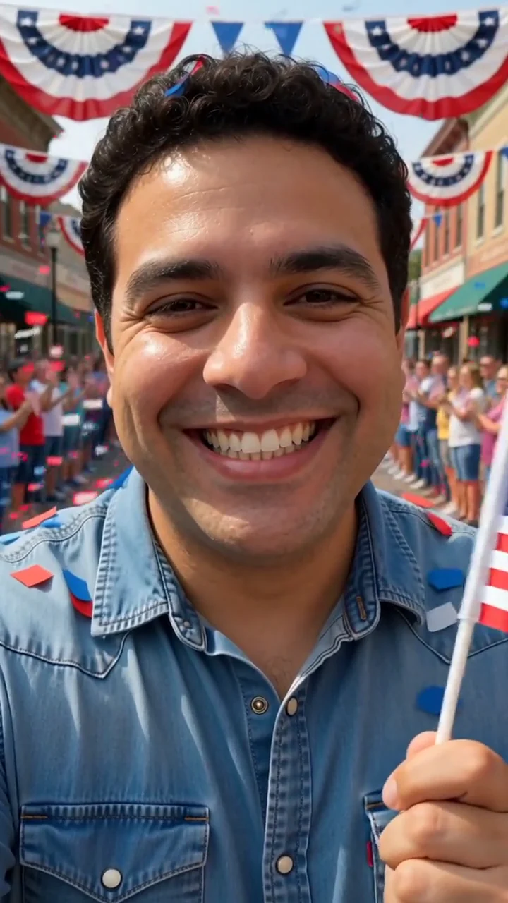 AI generated fictional adult man in a denim shirt waving a small flag at a main street parade
