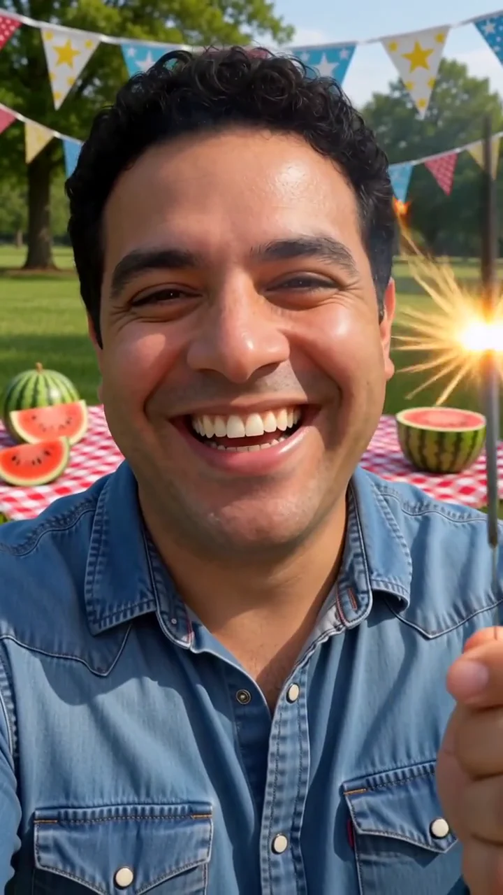 AI generated fictional adult man in a blue shirt at a summer picnic with watermelon and a glowing sparkler