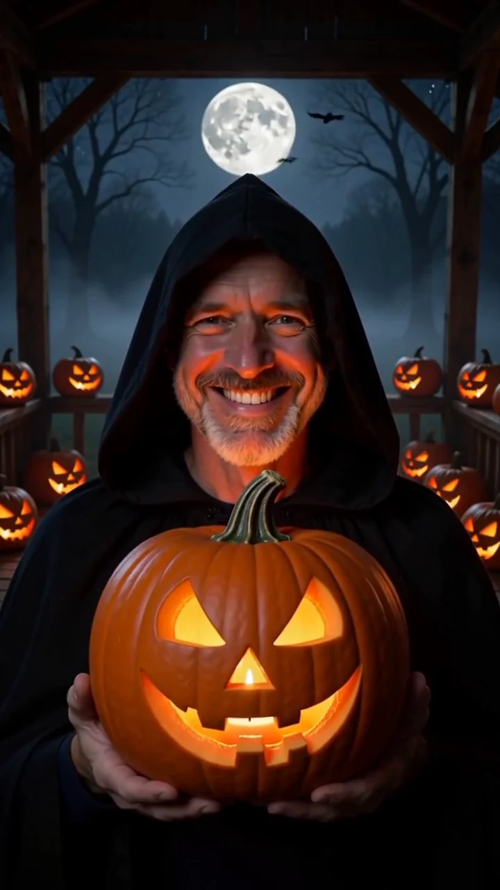 AI generated fictional adult man in a black hooded cloak holding a glowing jack o lantern on a foggy porch