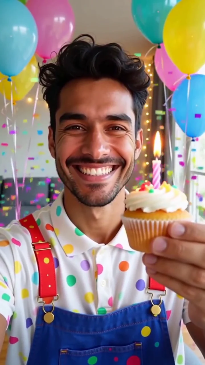 AI generated fictional adult man waving and holding a cupcake with a lit candle among balloons and confetti