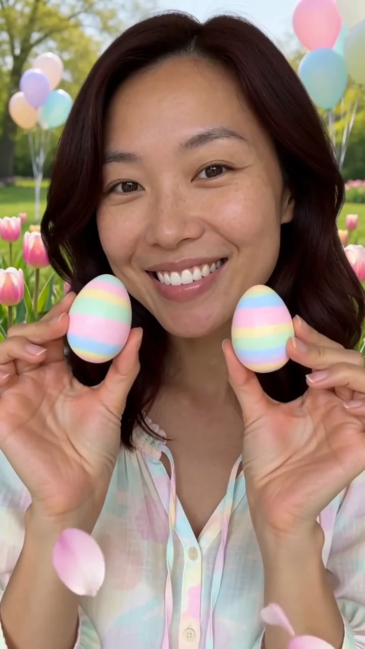 AI generated fictional adult woman holding pastel painted eggs in a sunny tulip garden