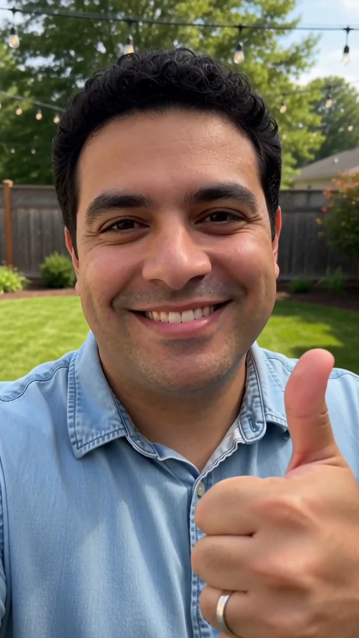 AI generated fictional adult man giving a thumbs up in a sunny backyard