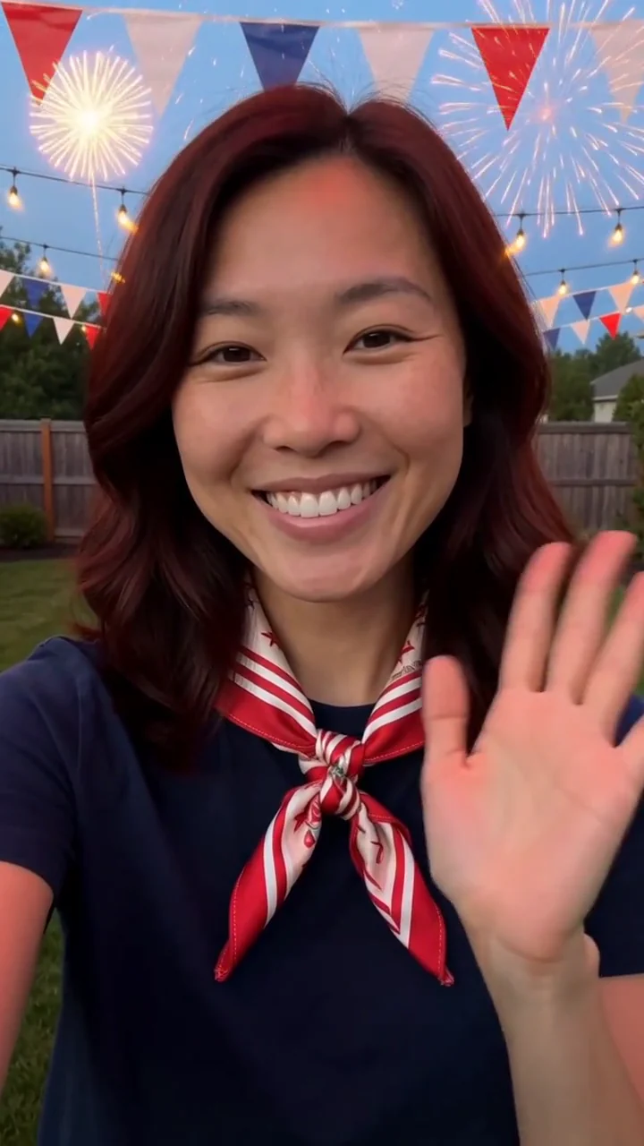 AI generated fictional adult woman waving under red, white and blue bunting at dusk