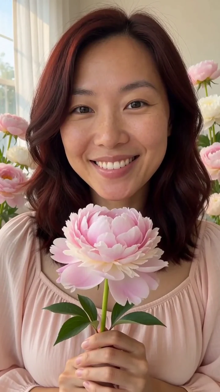 AI generated fictional adult woman holding a pink peony among pink and white flowers