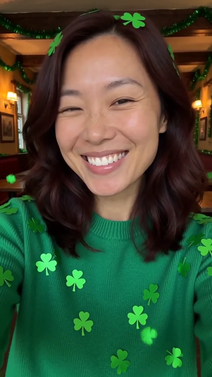 AI generated fictional adult woman in a green sweater winking as shamrock confetti falls in a cozy pub