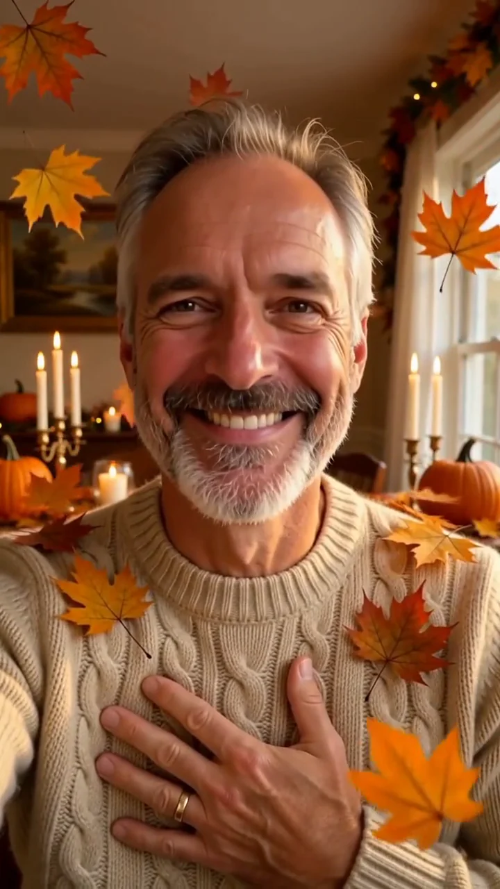 AI generated fictional adult man in a cable knit sweater with a hand on his chest in a candlelit autumn dining room