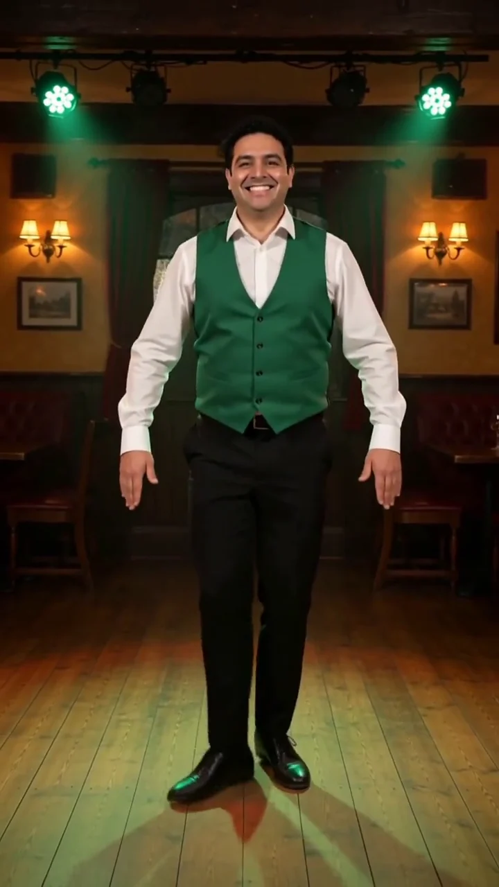AI generated fictional adult man in a green vest step dancing on a wooden pub stage