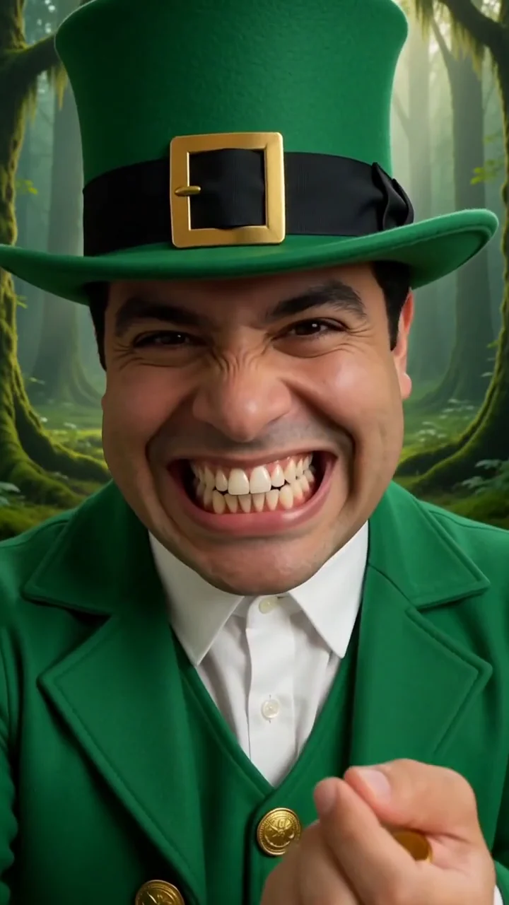 AI generated fictional adult man in a green tailcoat and buckled top hat grinning in a misty forest