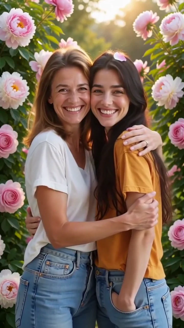 two AI generated fictional adult women, a mother and her grown daughter, sharing a side hug in a peony garden