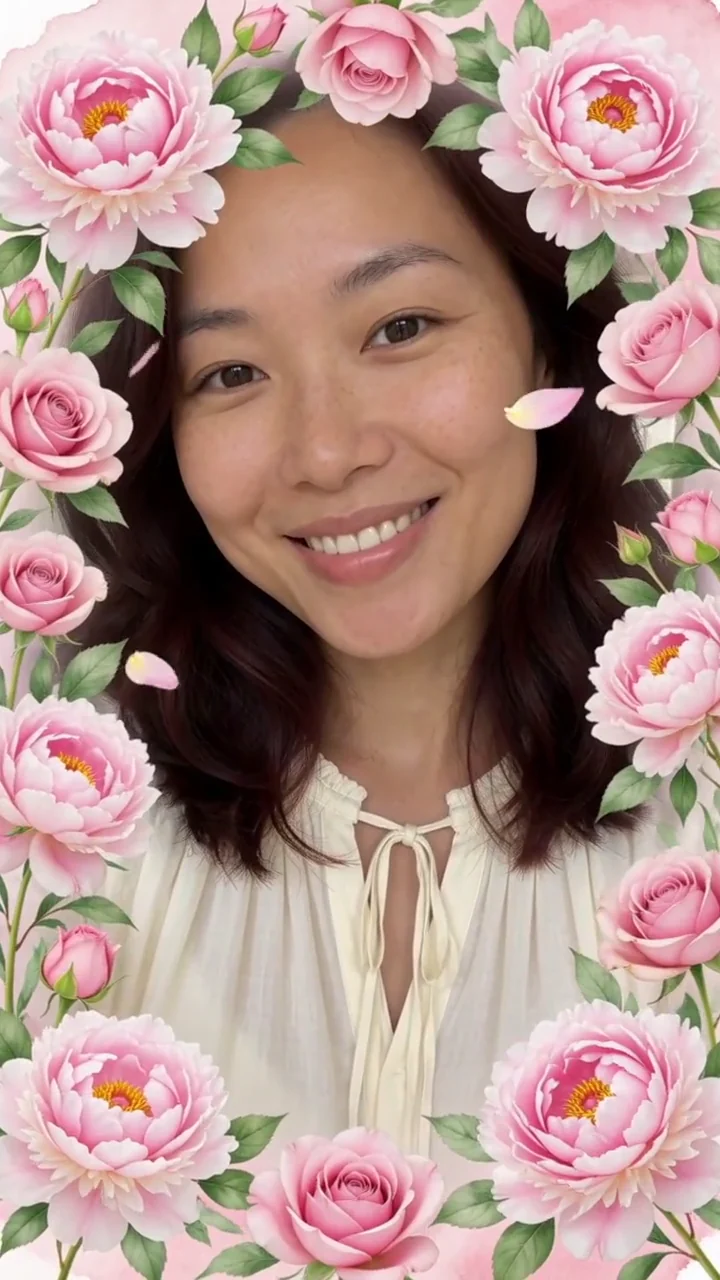 AI generated fictional adult woman framed by pink peonies and roses like a floral card