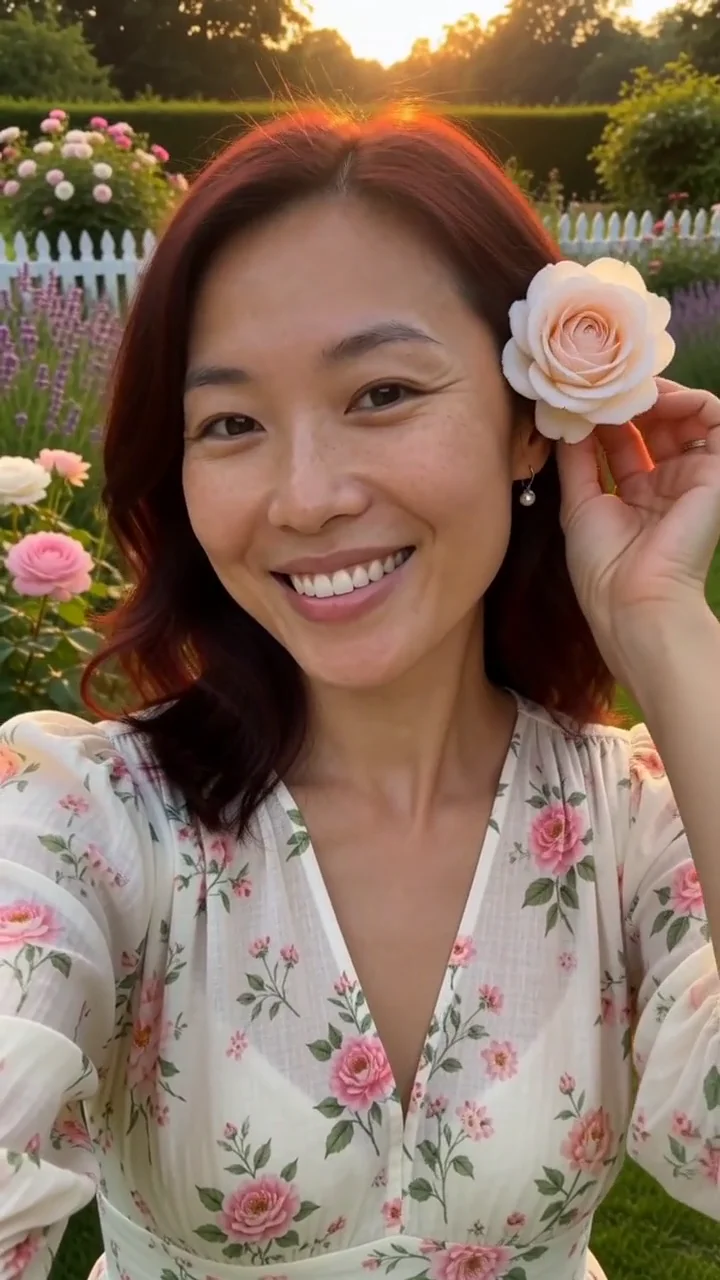 AI generated fictional adult woman smiling with a rose beside one ear in a blooming cottage garden