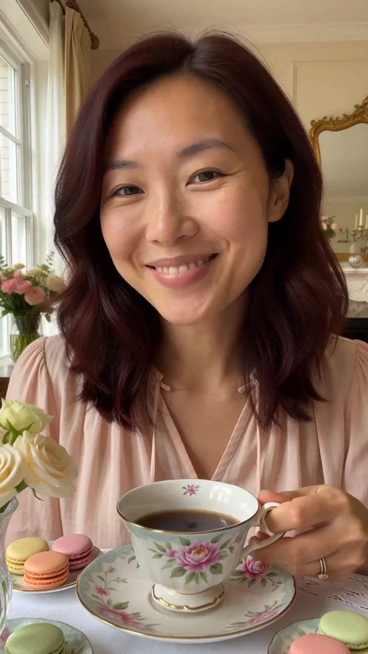 AI generated fictional adult woman with a delicate teacup and floral china in a sunlit afternoon tea setting