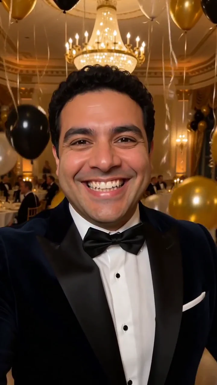 AI generated fictional adult man in a tuxedo smiling as gold, silver and black balloons fall in a ballroom