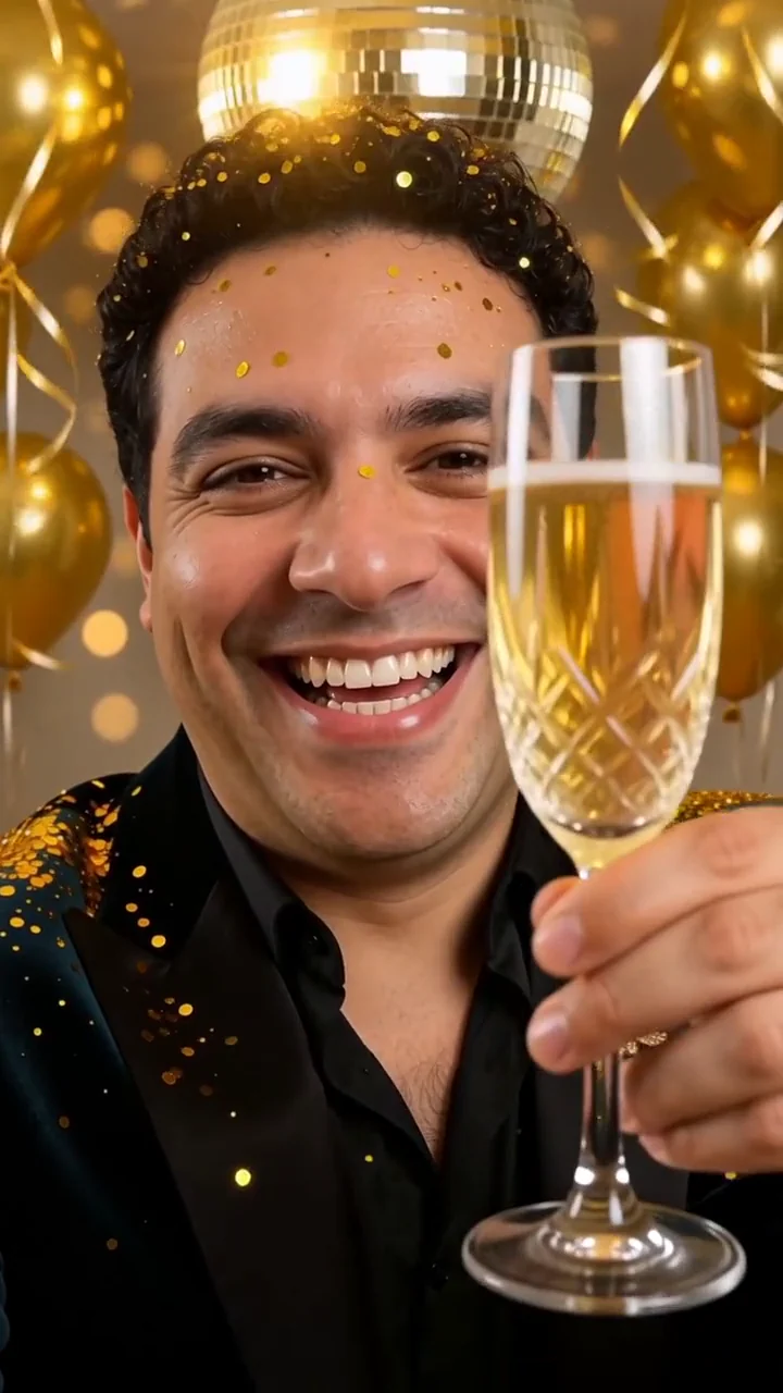 AI generated fictional adult man in a dark velvet party outfit, raising a champagne glass amid gold confetti, balloons and warm lights