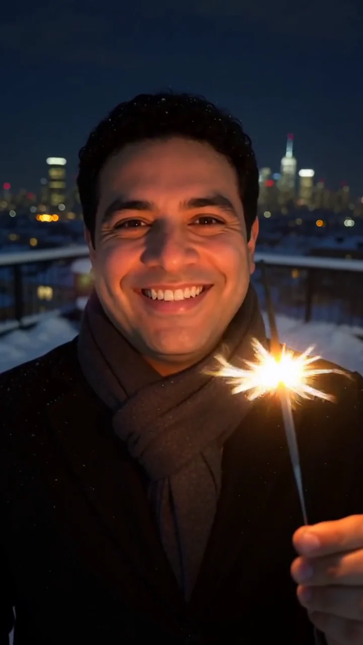 AI generated fictional adult man in a dark coat holding a lit sparkler on a snowy rooftop at night