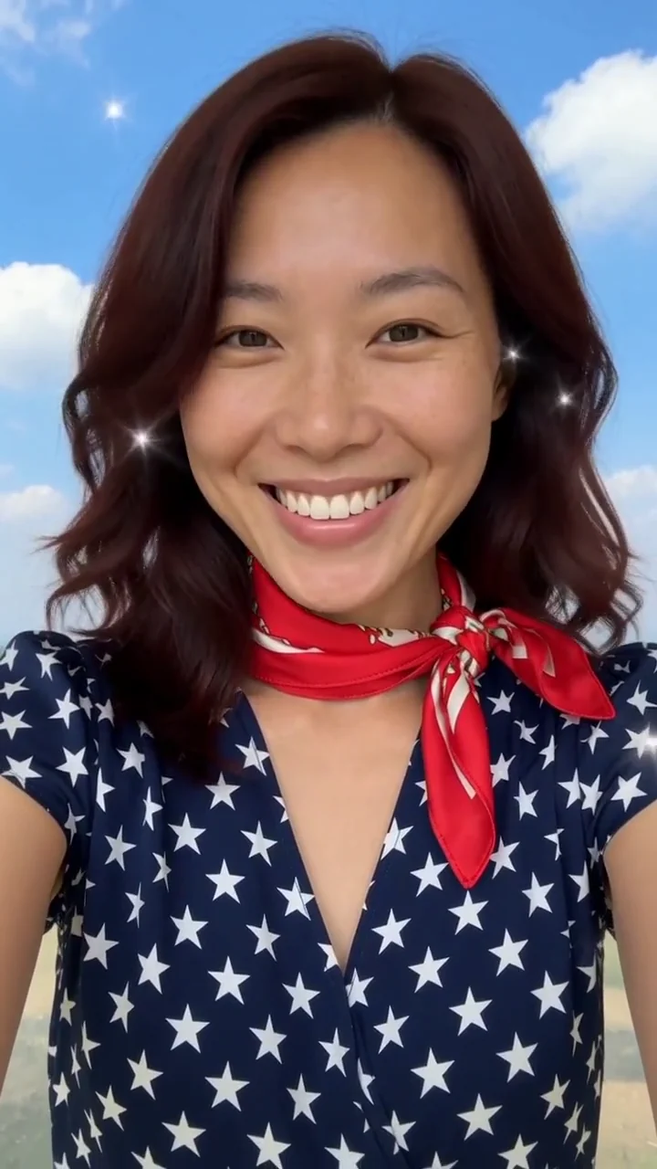 AI generated fictional adult woman in a navy star print blouse and red scarf against a summer sky