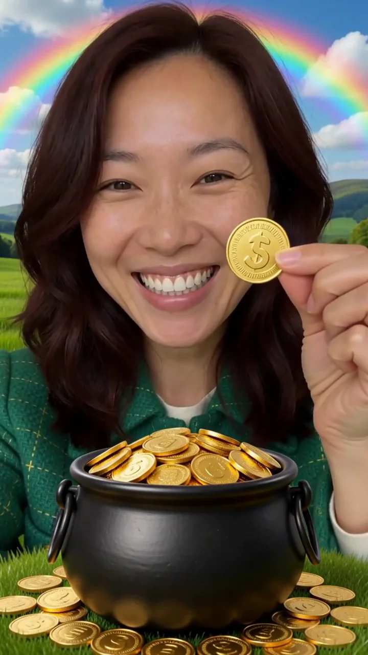 AI generated fictional adult woman in a green jacket with a pot of gold colored coins, rolling green hills and a rainbow